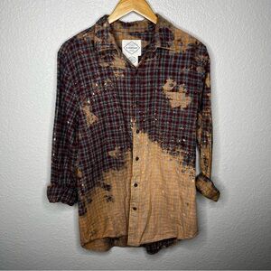 Oversized‎ custom distressed bleached plaid flannel shirt brown size large L